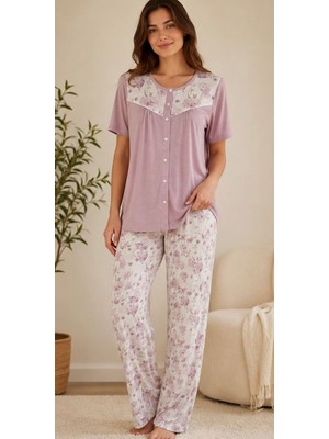 24884-NENA Patlı Önden Açık Robalı Kısa Kollu % 100 Pamuk Holly Pijama Takımı