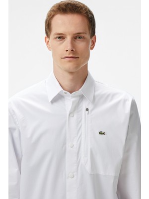 Lacoste Mens Regular Fit White Shirt Standart Kesim Çıtçıt Düğmeli Fermuar Cepli Erkek Gömlek Beyaz