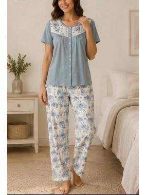 24884-NENA Patlı Önden Açık Robalı Kısa Kollu % 100 Pamuk Holly Pijama Takımı