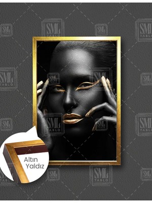 SML Tablo Gold Eyeliner ve Rujlu Siyah Vücut Boyalı Kadın Model Dekoratif Dikey Çerçeveli Kanvas Tablo