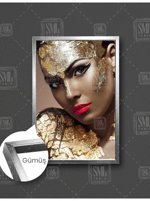 SML Tablo Gold Makyajlı Kırmızı Rujlu Kadın Portre Make Up Lüks Dikey Çerçeveli Kanvas Tablo