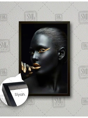SML Tablo Gold Makyajlı Örgülü Saçlı Kadın Make Up Dekoratif Dikey Çerçeveli Kanvas Tablo