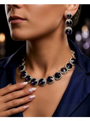 Eva Takı Store Riviere Kristal Taşlı Çiçek Model Mor Renkli Kolye Küpe Set