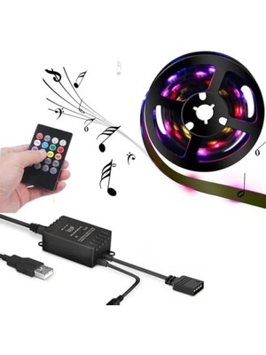 Hakay 5V USB Rgb Şerit LED - 100CM, Kumandalı ve Ses Sensörlü