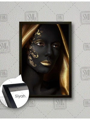 SML Tablo Gold Makyajlı ve Altın Sarısı Eşarplı Yüzünde Art Deko Desenli Kadın Dikey Çerçeveli Kanvas Tablo