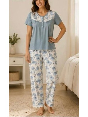 24881-NENA Robalı Patlı Yuvarlak Yaka Kısa Kollu % 100 Pamuk Holly Pijama Takımı