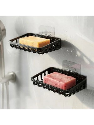Hakay 2'li Set Yapışkanlı Siyah Banyo Sabunluk, Katı Sabun Tutacağı ve Süngerlik