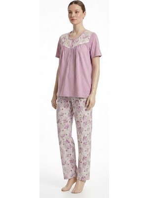 24881-NENA Robalı Patlı Yuvarlak Yaka Kısa Kollu % 100 Pamuk Holly Pijama Takımı