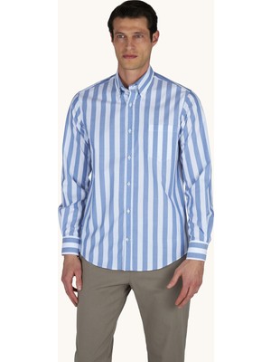 Paul & Shark Erkek Slim Fit Çizgi Desenli Pamuklu Uzun Kollu Mavi Gömlek 26413010-VA6