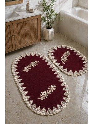 Bonny Home Mürdüm 2li Fransız Dantelli Lüks Banyo Paspası Kaymaz Tabanlı Çeyizlik Hediyelik Oval Banyo Paspas S