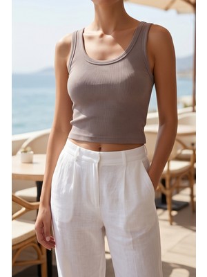 Liarca Premium Fitilli Esnek Kumaş Kadın Gri Crop Atlet - U Yakalı Spor ve Şık Basic Bluz - Yumuşak Dokulu Slim Fit Yazlık Üst