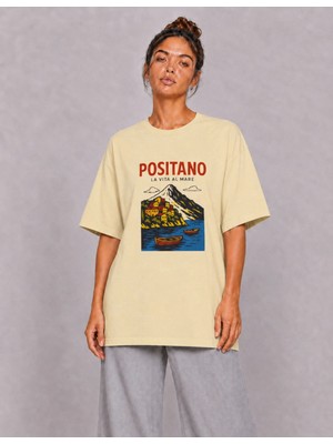 Organickid Basic Kadın Oversize Baskılı Bej T-Shirt