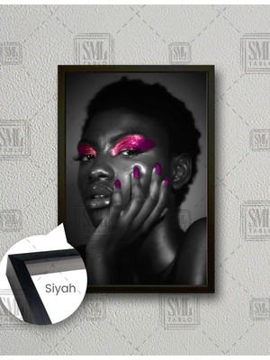 SML Tablo Gold Pembe Göz Makyajı Simli Mor Ojeli Kadın Siyah Beyaz Make Up Dikey Çerçeveli Kanvas Tablo