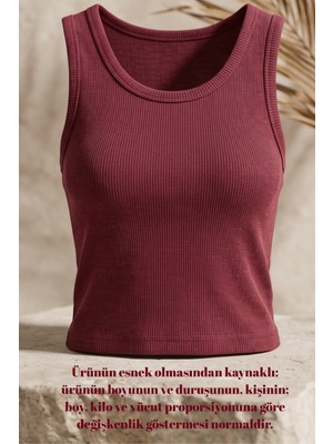 Liarca Premium Fitilli Pamuklu Esnek Kumaş Kadın Melanjlı Bordo Crop Atlet - U Yakalı Spor ve Şık Basic Bluz - Yumuşak Dokulu Slim Fit Yazlık Üst