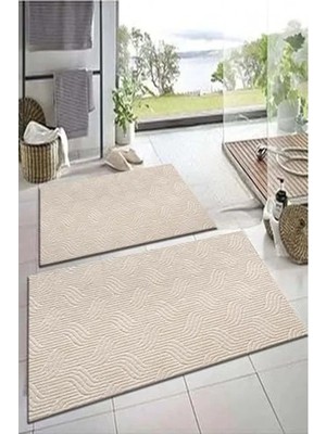 Hakay Kaymaz Tabanlı Banyo Paspası Klozet Takımı, 50X90 ve 40X50 Cm, Bej Renk, 2 Parça Set
