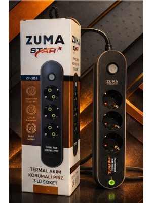 Art&Gift Zuma Termal Akım Korumalı 3 Soket 5 Metre Priz Açma Kapama Tuşlu Çocuk Korumalı Siyah