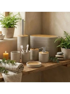 Hakay Bambu Detaylı 8l Çöp Kovası, 24X26X16 cm Banyo Seti