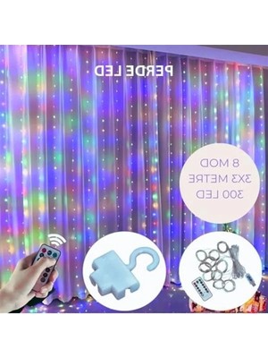 Hakay Dekoratif 300 LED Perde Işık, 3x3 Metre, Kumandalı, Çok Renkli