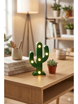 Homerest Dekoratif Yeşil Kaktüs LED Gece Lambası 12CM Pilli Masaüstü Aydınlatma Çocuk Odası Biblo Hediyelik E