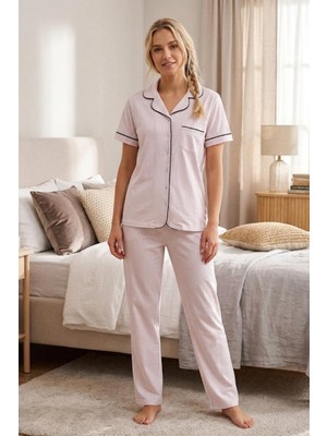 24819-NENA Ephes Yakalı Önden Açık % 100 Pamuk Pijama Takımı