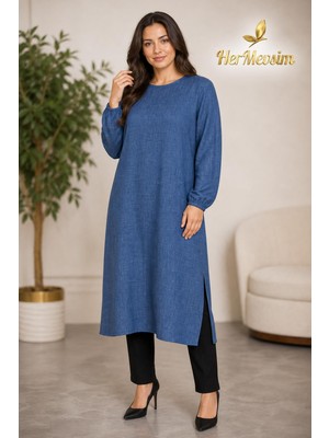 Hermevsim Missbah Kadın Efnan Keten Basic 115CM Yanı Yırtmaçlı Uzun Mavi Tunik