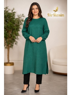 Hermevsim Missbah Kadın Efnan Keten Basic 115CM Yanı Yırtmaçlı Uzun Yeşil Tunik