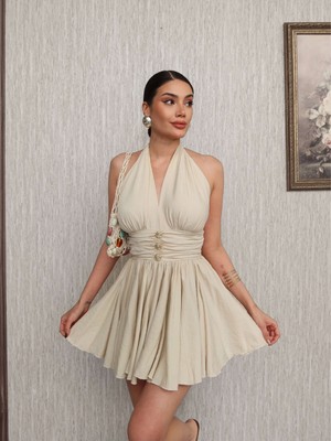 Esra Helvacı Boyundan Bağlamalı  Mini Elbise
