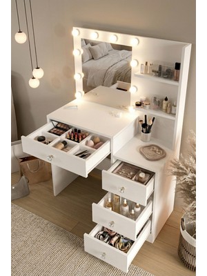 Empressco Yurudesign Monroe Makyaj Masası 4 Çekmeceli Düzenleyici Hollywood LED Işıklı Raflı Beyaz Mo2-W - Fiyatı, Yorumları