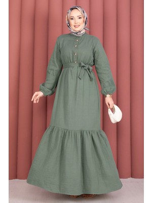 Nz Eteği Fırfırlı Yarım Düğmeli Tesettür Elbise Haki