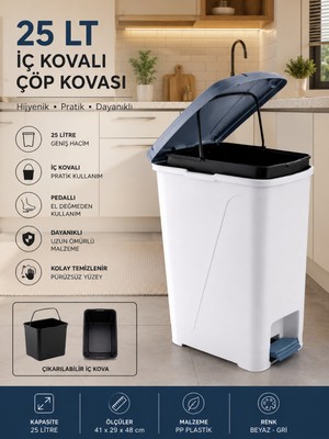 Violet 25 Litre Iç Kovalı Slim Pedallı Çöp Kovası Beyaz