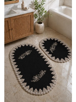 Bonny Home Siyah 2li Fransız Dantelli Lüks Banyo Paspası Kaymaz Tabanlı Çeyizlik Hediyelik Oval Banyo Paspas Se