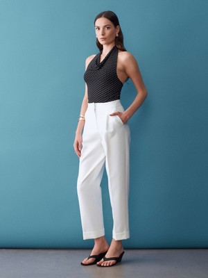 Dilvin 72694 Kıvrık Paça Pileli Pantolon-Beyaz