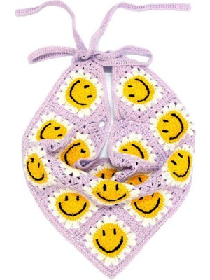 ORGANICMIRA Kadın Örgü Saç Bandanası - Retro Smiley Gülen Yüz Motifli Tığ Işi Crop Saç Eşarbı, Festival ve Plaj Tarzı