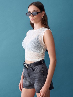 Dilvin 32492 Büzgülü Dantel Top-Ekru
