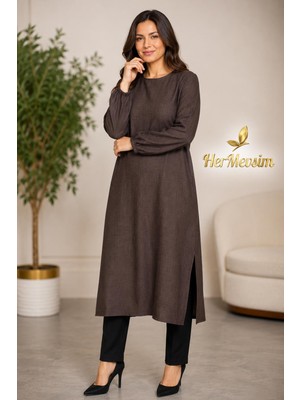 Hermevsim Missbah Kadın Efnan Keten Basic 115CM Yanı Yırtmaçlı Uzun Kahve Tunik