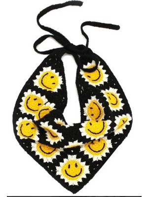 ORGANICMIRA Kadın Örgü Saç Bandanası - Retro Smiley Gülen Yüz Motifli Tığ Işi Crop Saç Eşarbı, Festival ve Plaj Tarzı