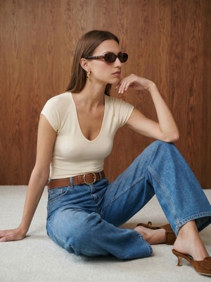 Dilvin 32894 V Yaka Fit T-Shirt-Taş