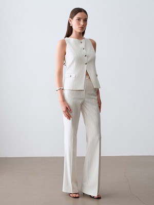 Dilvin 72696 Orta Bel Geniş Paça Pantolon-Ekru