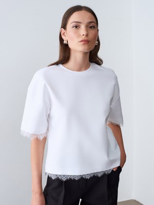 Dilvin 32826 Dantel Detaylı Kısa Kollu T-Shirt-Beyaz