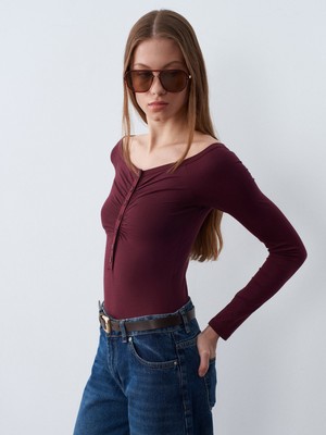 Dilvin 32661 Düğme Detaylı Bodysuit-Bordo