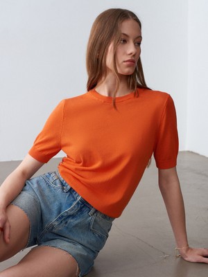 Dilvin 10872 Lyocell Karışımlı Minimal Bluz-Oranj