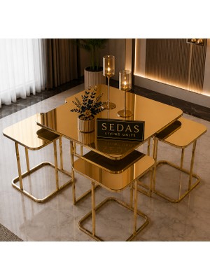 Luxury Gold Aynalı Orta Sehpa Takımı 4+1 5'li Set_lüx_sedaslıvıngunıts