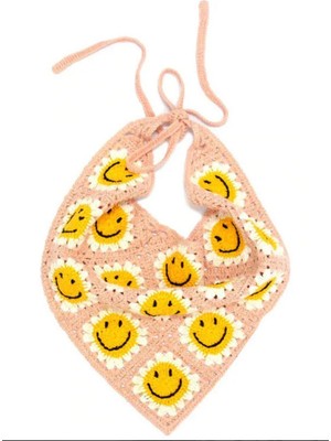 ORGANICMIRA Kadın Örgü Saç Bandanası - Retro Smiley Gülen Yüz Motifli Tığ Işi Crop Saç Eşarbı, Festival ve Plaj Tarzı