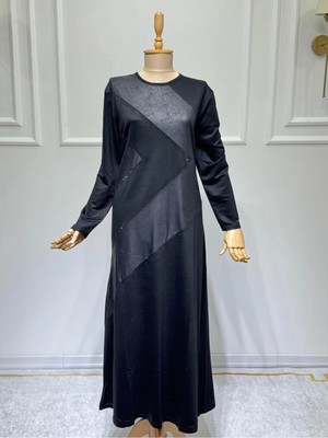 Modaminar Kadın Siyah Kristal Penye Kumaş Deri ve Taş Detaylı Elbise