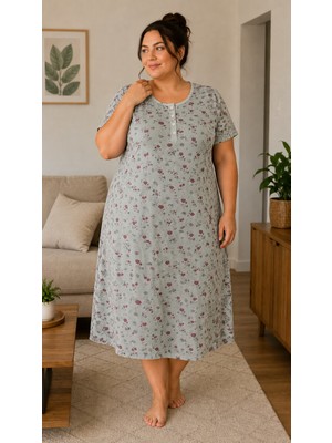 Balis Pijama Kadın Büyük Beden Çiçek ve Benek Desenli Düğmeli Gecelik Ev Elbisesi Battal Boy Pamuklu Kısa Kollu Şık Rahat Ferah Kaliteli Kumaş Gecelik Homewear