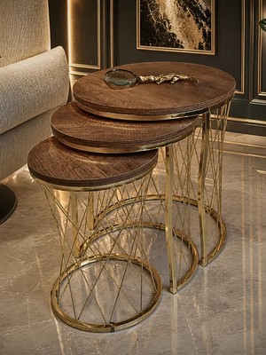 Sedaş Living Units 3 Lü Koyu Ceviz Ahşap Gold Ayaklı Hasır Telli Zigon Sehpa Ceviz-Sedaş-Zigon