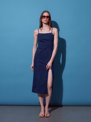 Dilvin 90584 Denim Yırtmaçlı Elbise-Mavi