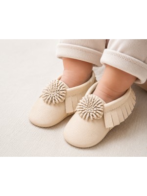 Banu’m Serisi Ivory %100 Hakiki Deri Bebek Makoseni 12,5 cm İç Taban Yumuşak Taban İlk Adım Ayakkabısı Bej 6-9 Ay
