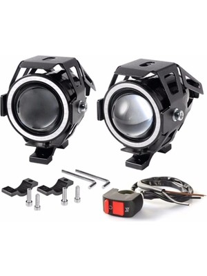 Astraled U7 Motosiklet Sis Farı Mercekli Büyük Kafesli Sarı Angel Işıklı LED (2 Adet LED + 1 Anahtar)
