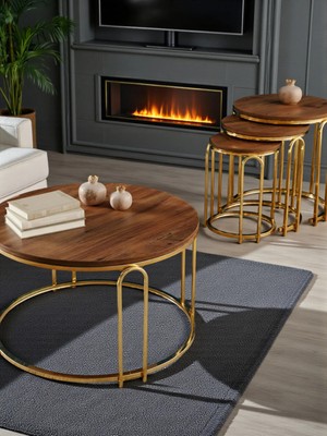 4 Lü Lenka Zigon Orta Sehpa Takımı Yuvarlak Gold Metal 3+1 - Koyu Ceviz Ahşap Zigon-Orta